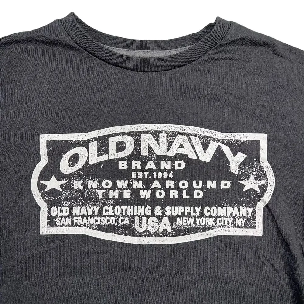 Old Navy Boys Logo T Shirt Top Long Sleeve Crew Neck Black White XL 14 16